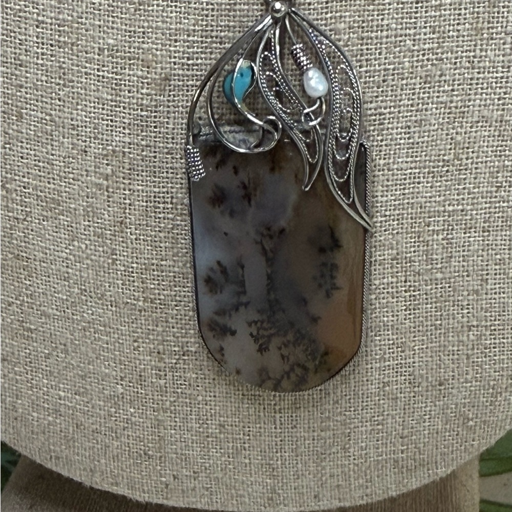 Artisan Silver and Moss Agate Pendant Necklace